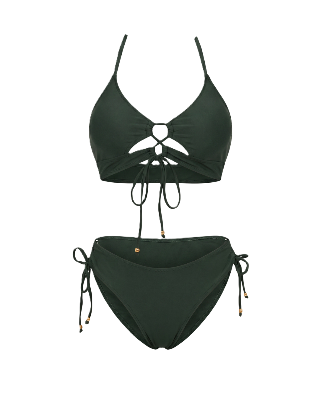 Bikini verde oscuro con lazada frontal en el escote y braguita con cordones laterales