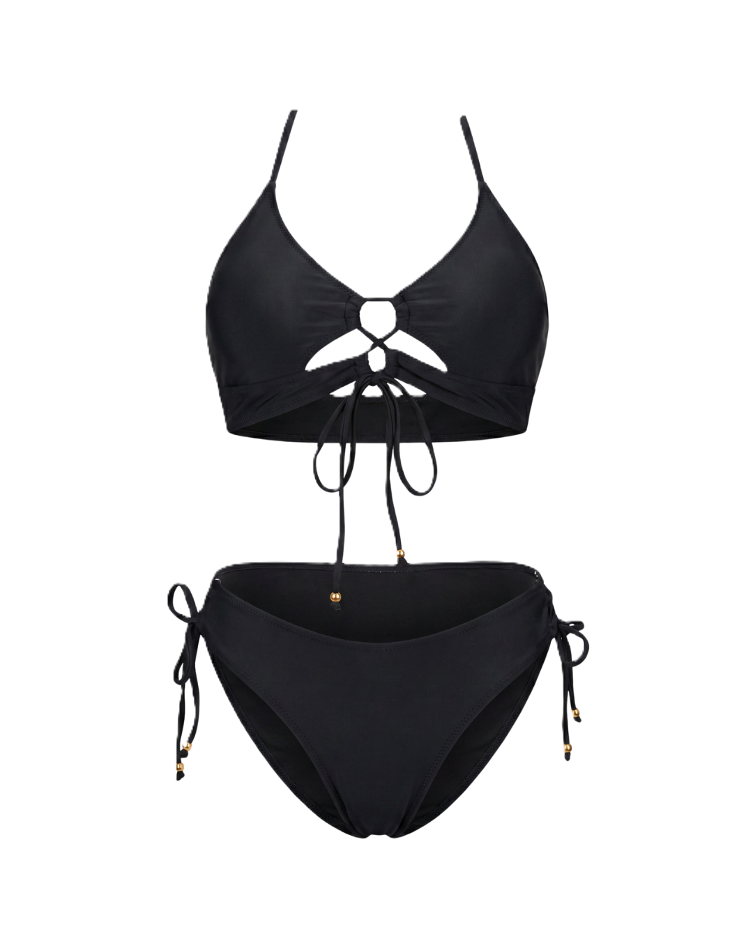 Conjunto de bikini negro: top triangular con lazada central y braguita de tiro alto con lazos