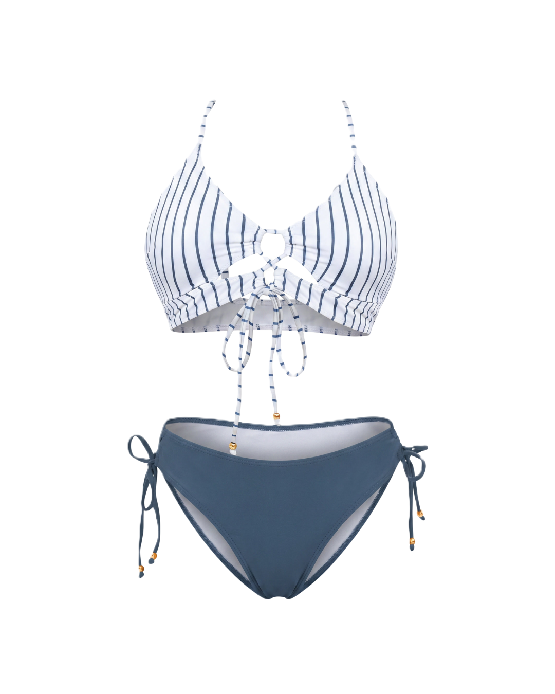 Bikini de rayas azul y blancas con lazada frontal y tiras colgantes