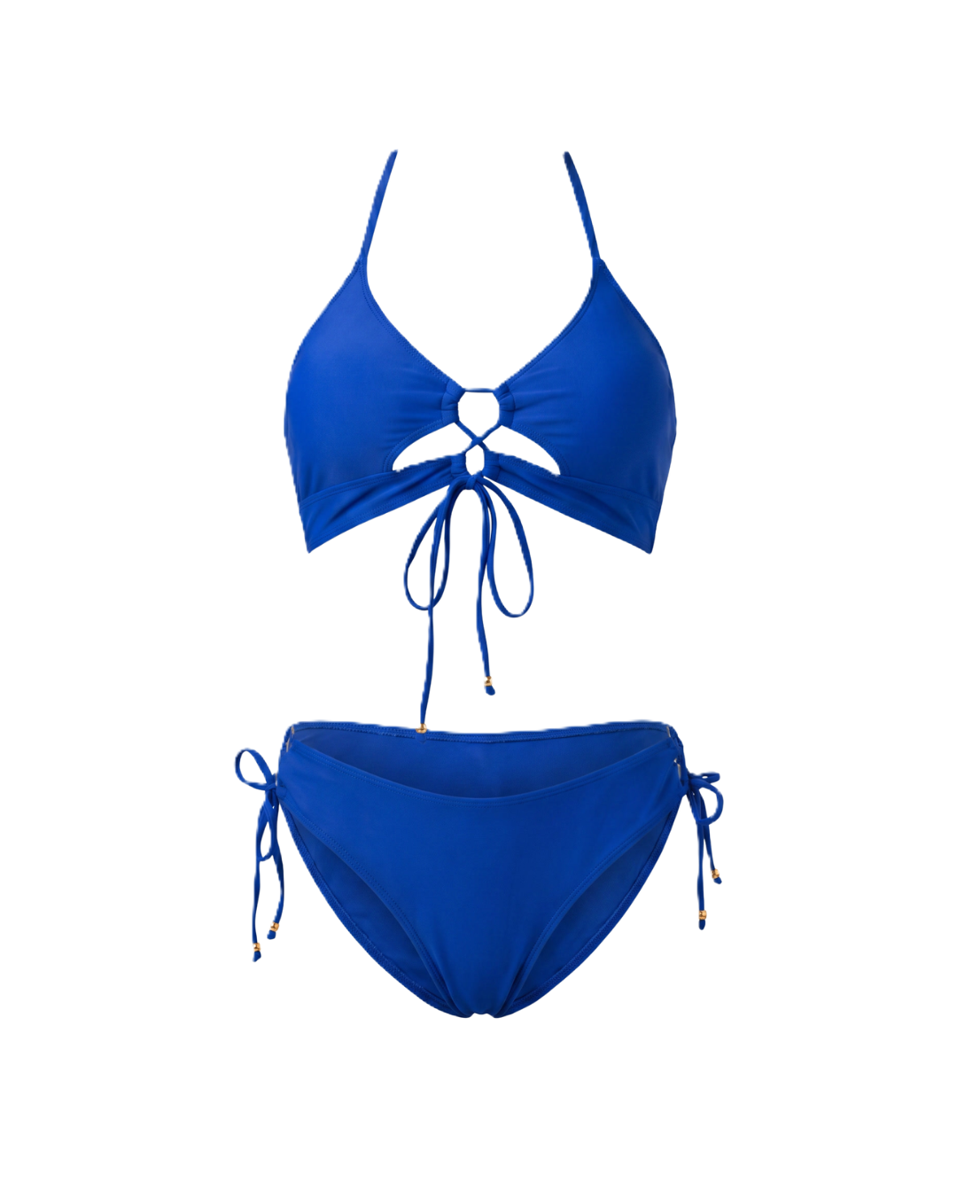 Bikini azul con lazada frontal en el centro del escote y braguita a juego
