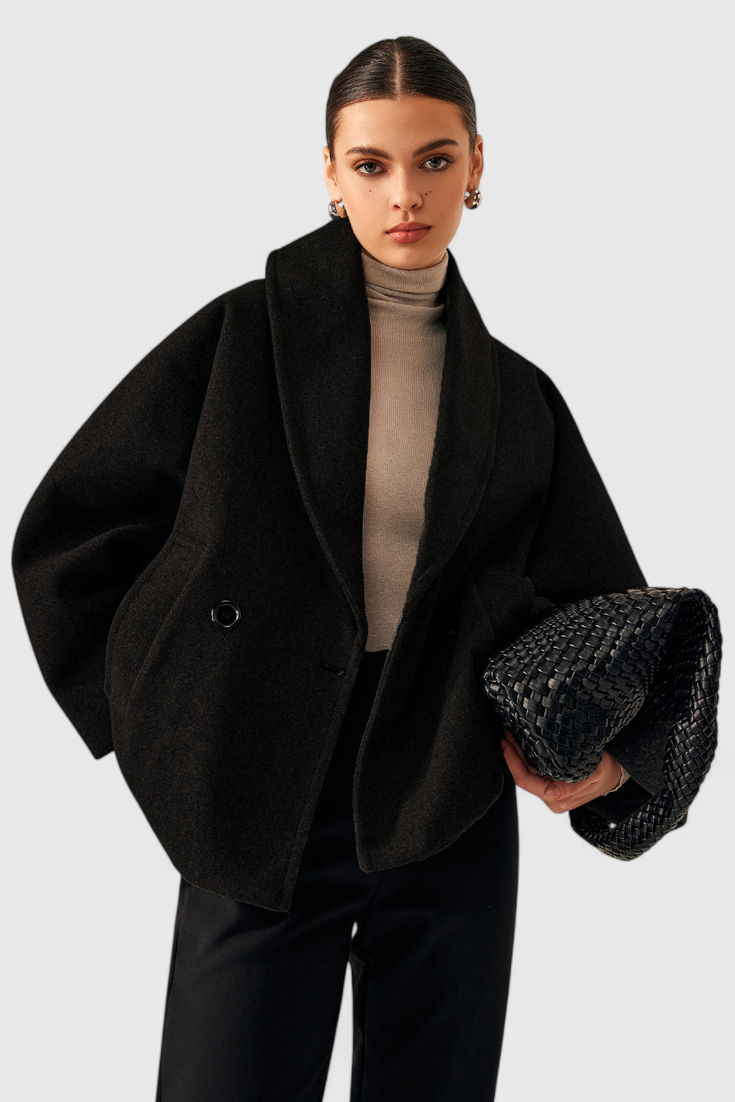 Abrigo oversize de tweed negro/gris oscuro con solapas y botón frontal
