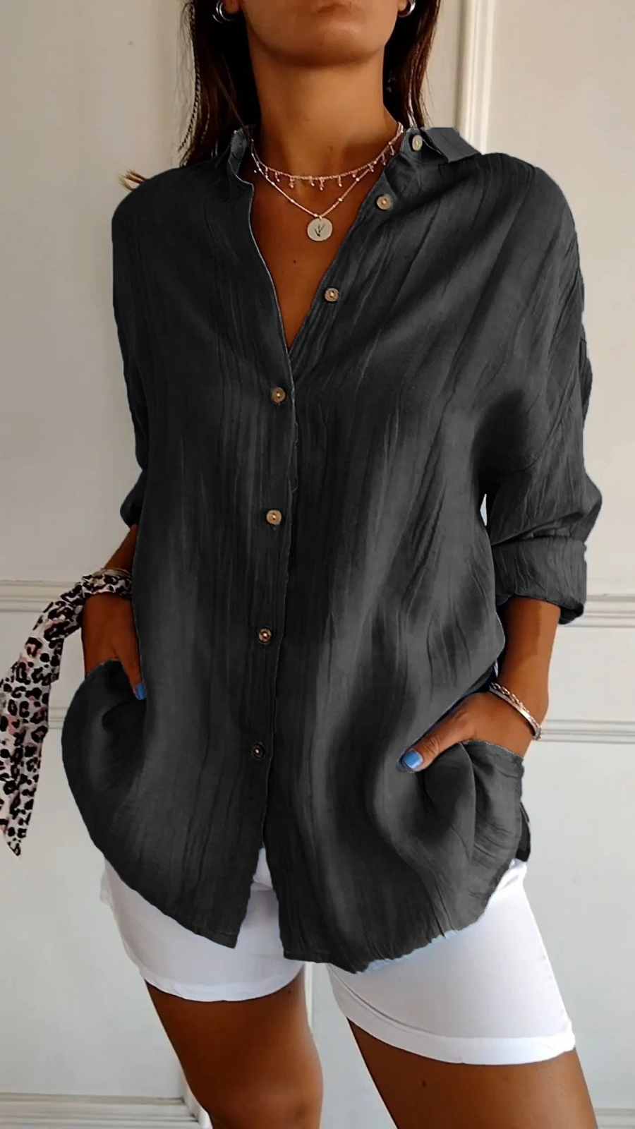 Camisa de lino oversize para mujer, negra, con botones y cuello camisero