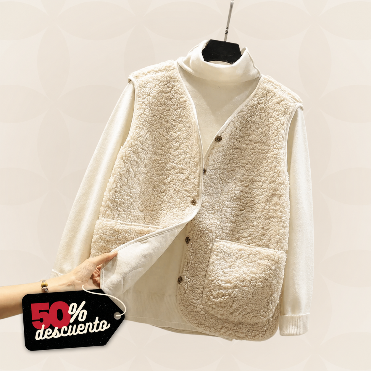Chaleco de borreguito beige con bolsillos y cierre de botones