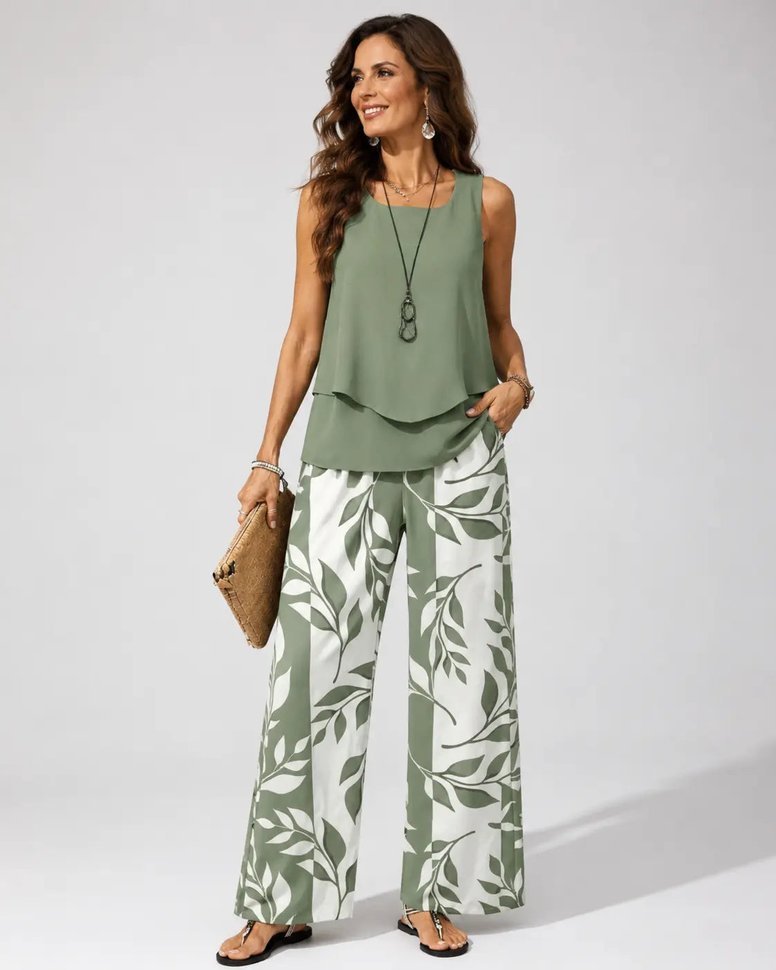 Conjunto Petronila™: blusa sin mangas verde salvia y pantalón estampado de hojas