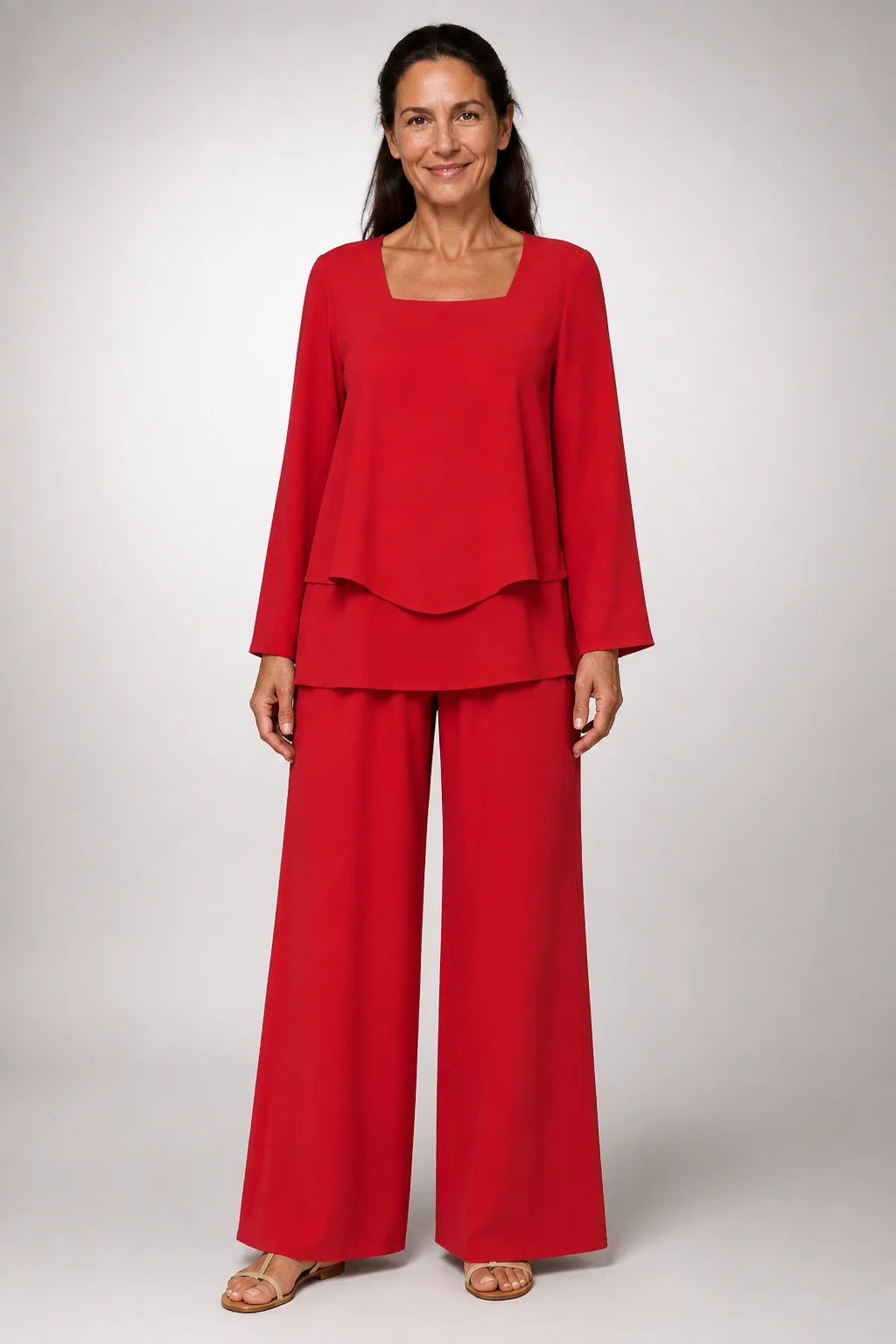 Conjunto Marcelina™ rojo: blusa con cuello cuadrado y pantalón ancho