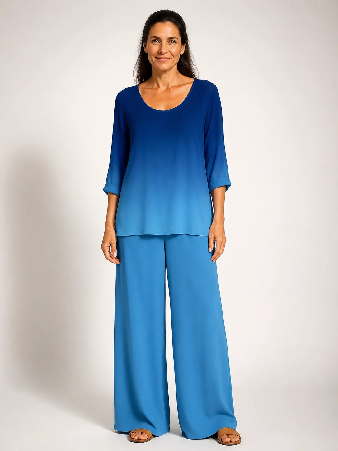 Conjunto degradado azul: blusa manga 3/4 y pantalón palazzo