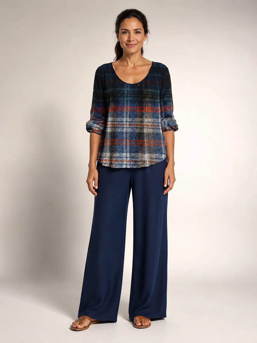 Conjunto de blusa de cuadros y pantalón ancho azul marino para mujer