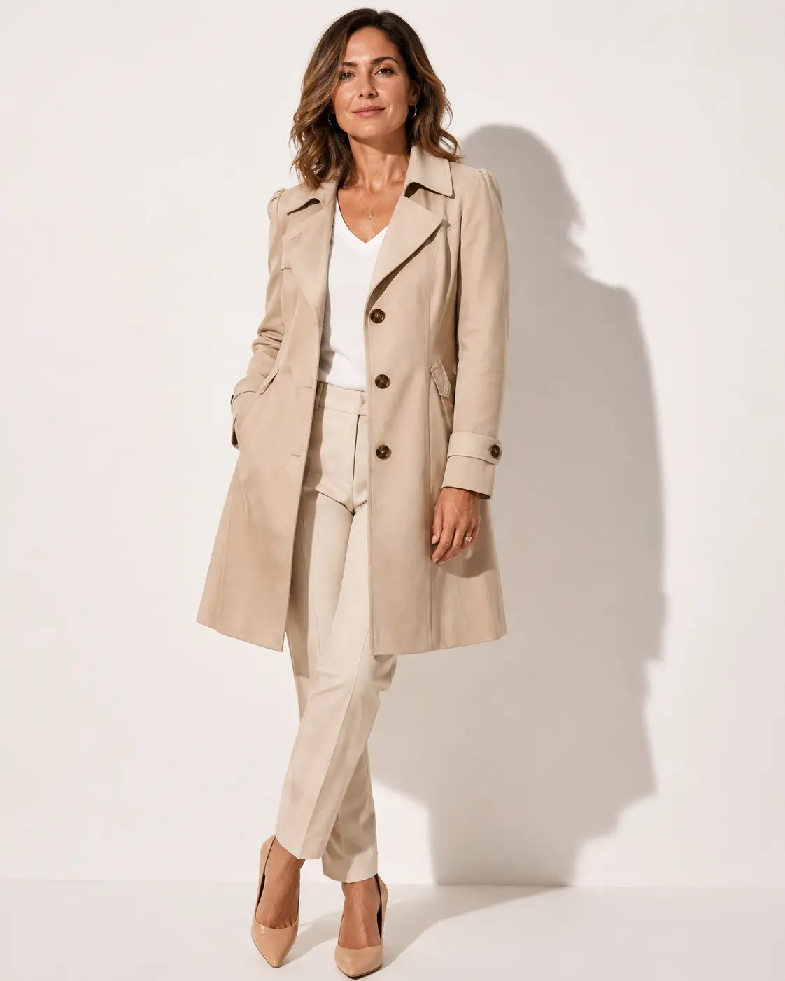 Abrigo Inés™ beige con botones y solapas, corte largo estilo vintage