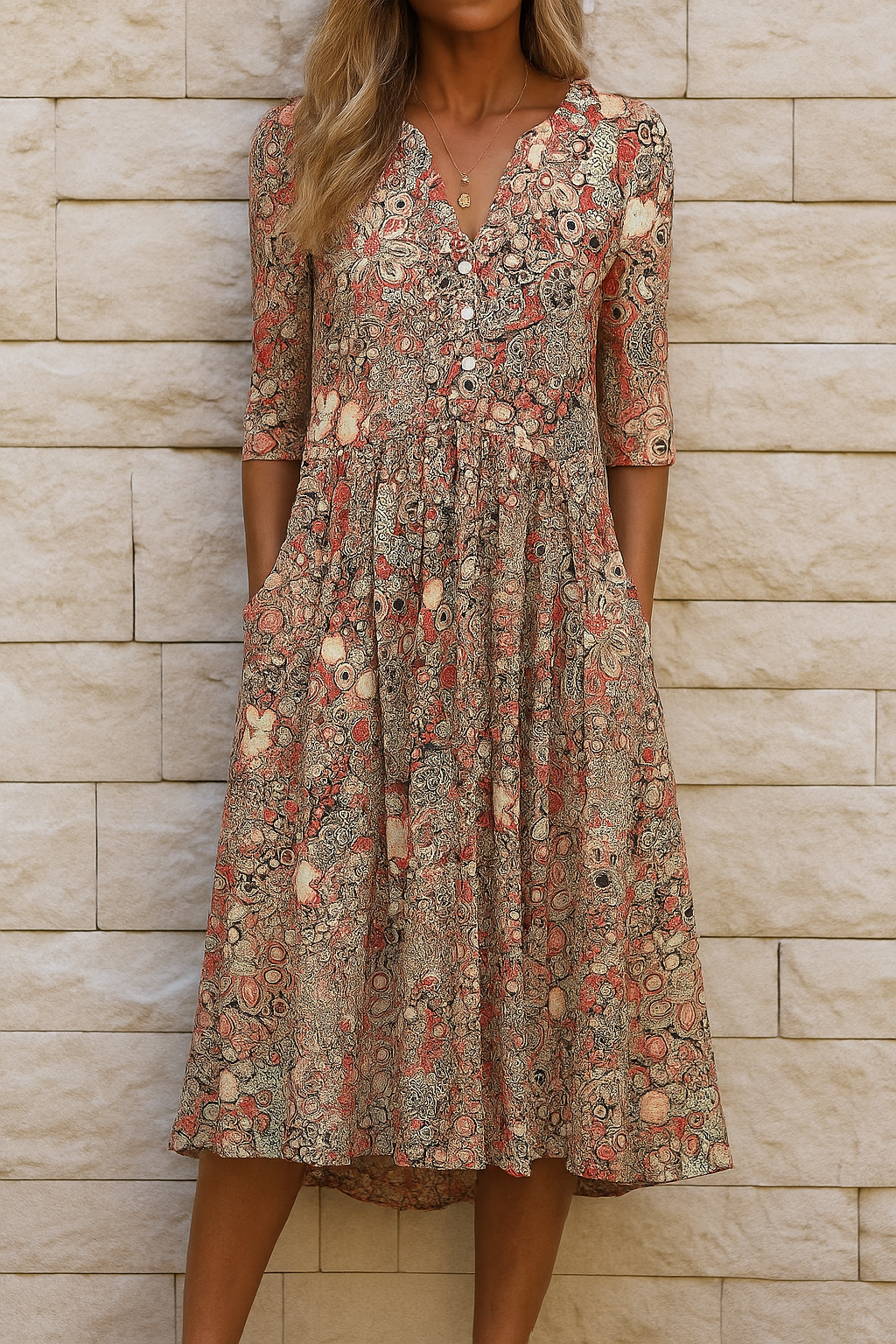 Vestido midi estampado de tonos tierra, manga tres cuartos y escote en V