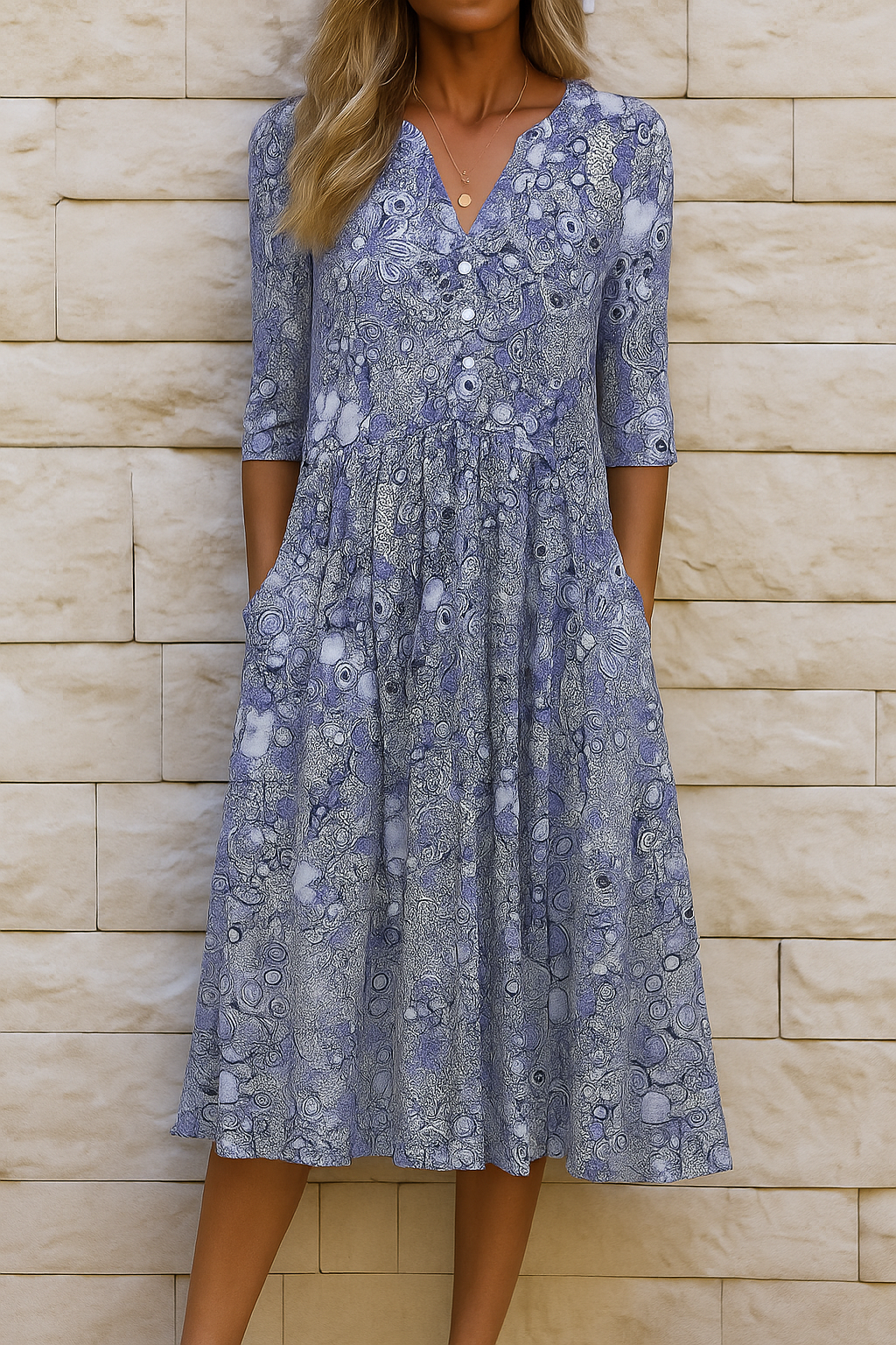 Vestido midi estampado azul, manga tres cuartos y escote en V