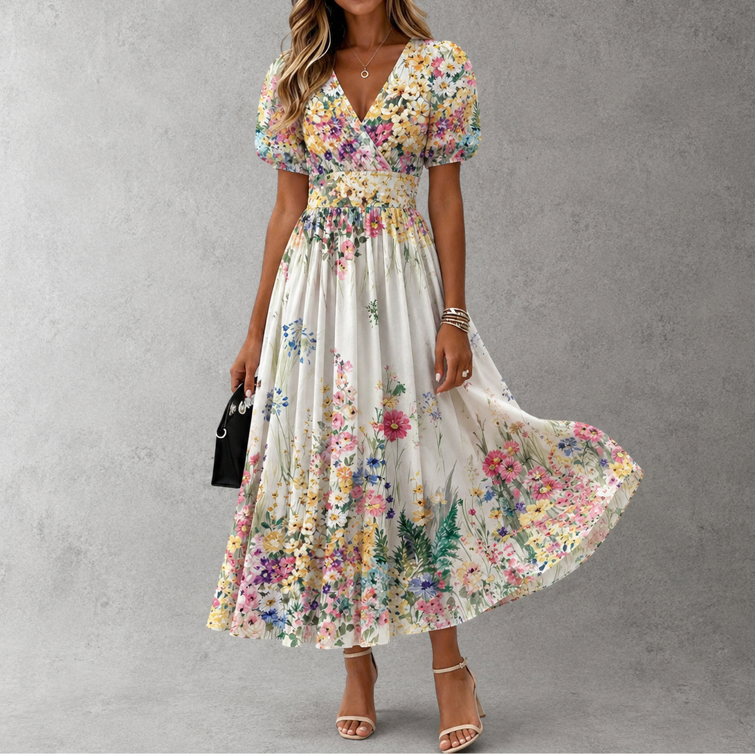 Rosalinda - Vestido Maxi Floral de Manga Corta