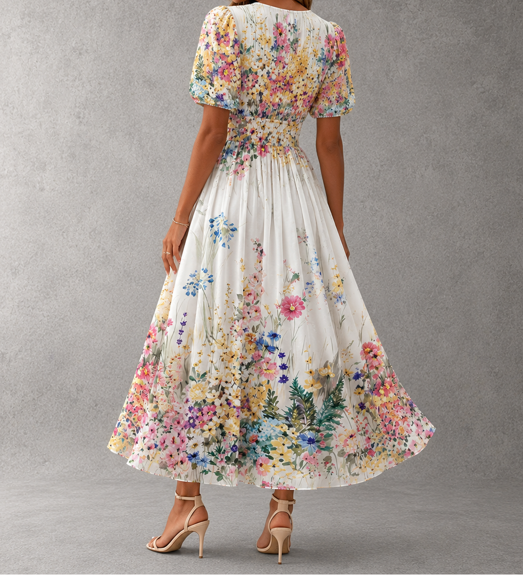 Rosalinda - Vestido Maxi Floral de Manga Corta