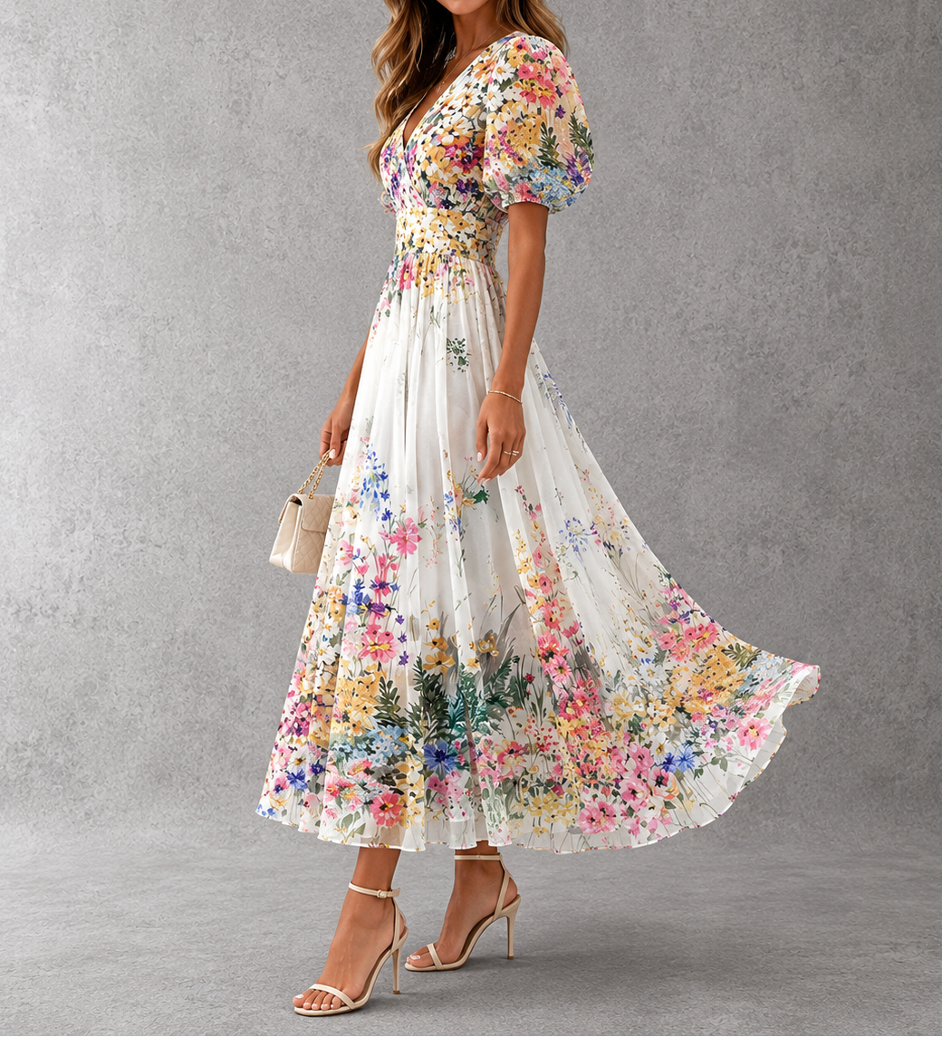 Rosalinda - Vestido Maxi Floral de Manga Corta