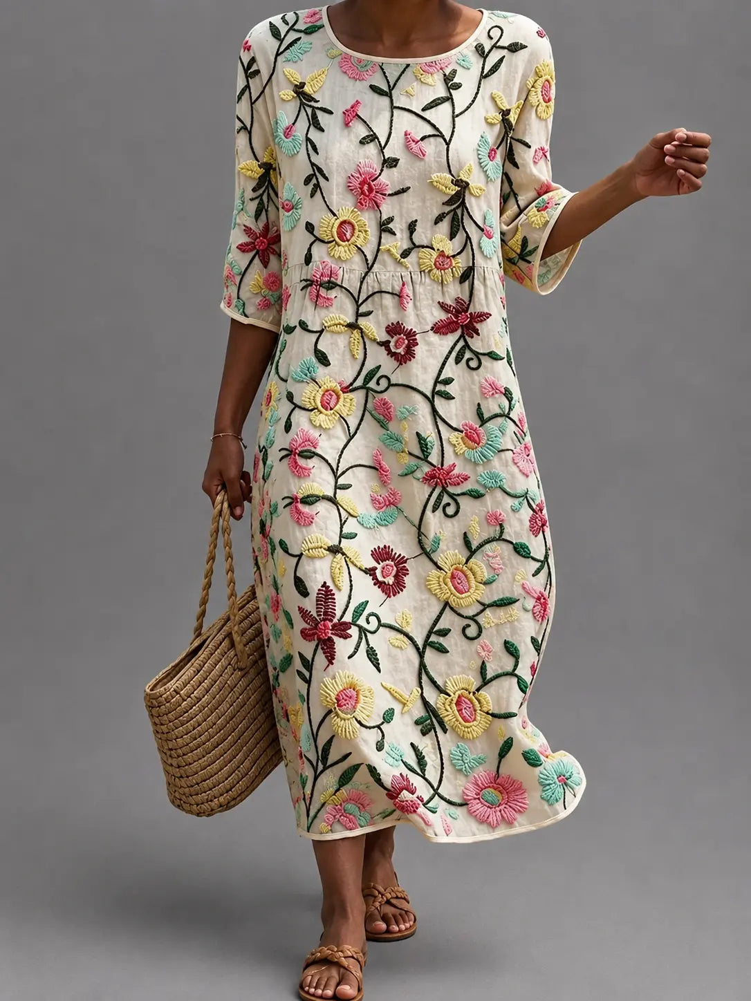 Vestido informal de mujer blanco con estampado floral multicolor y manga corta