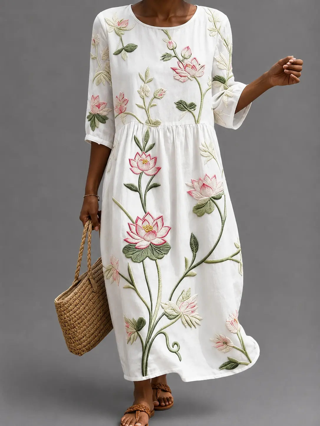 Vestido informal midi blanco con estampado floral y mangas 3/4, vuelo con costura fruncida