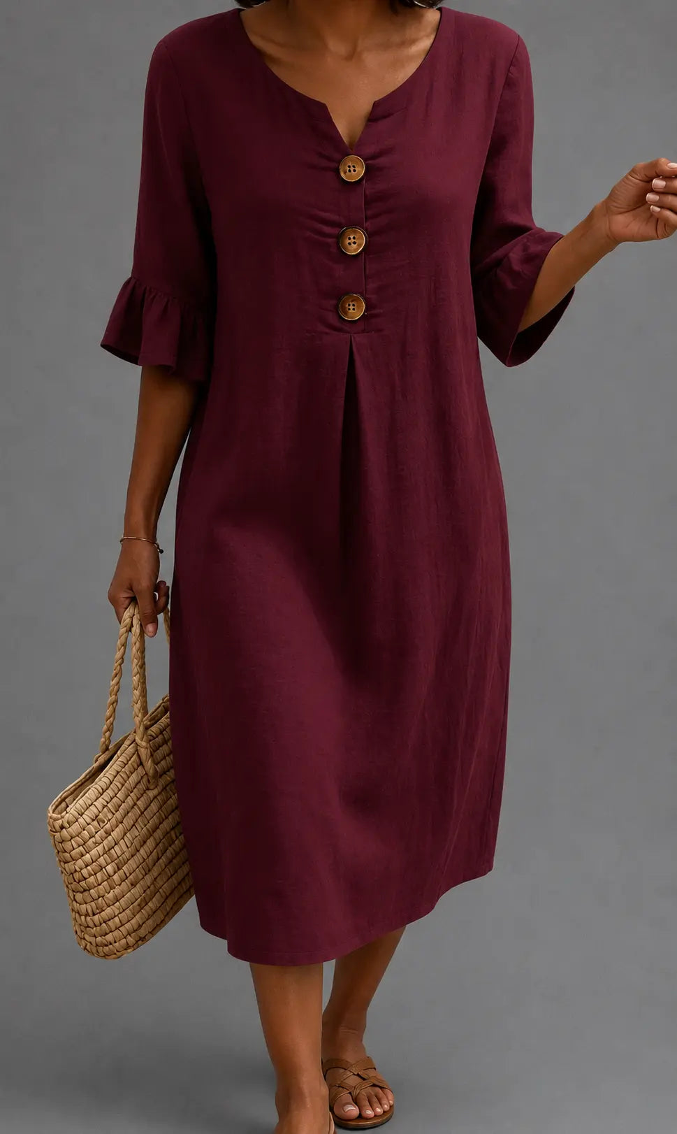 Vestido informal burdeos con cuello en V y botones dorados, mangas abullonadas