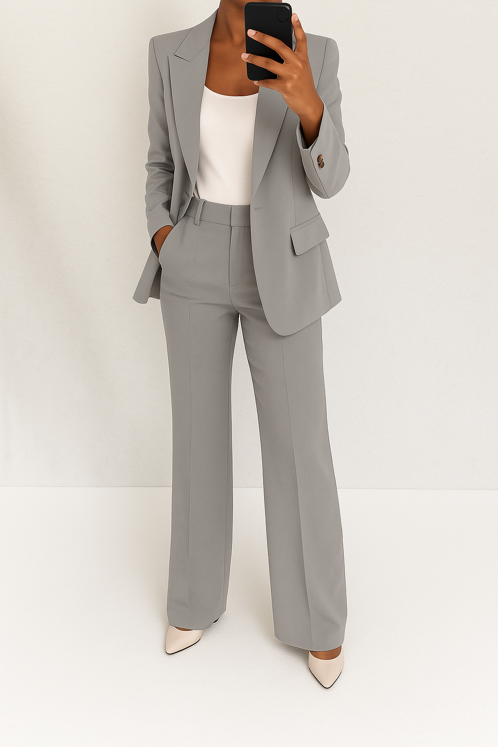Traje sastre elegante a medida: blazer gris y pantalón a juego, con corte recto