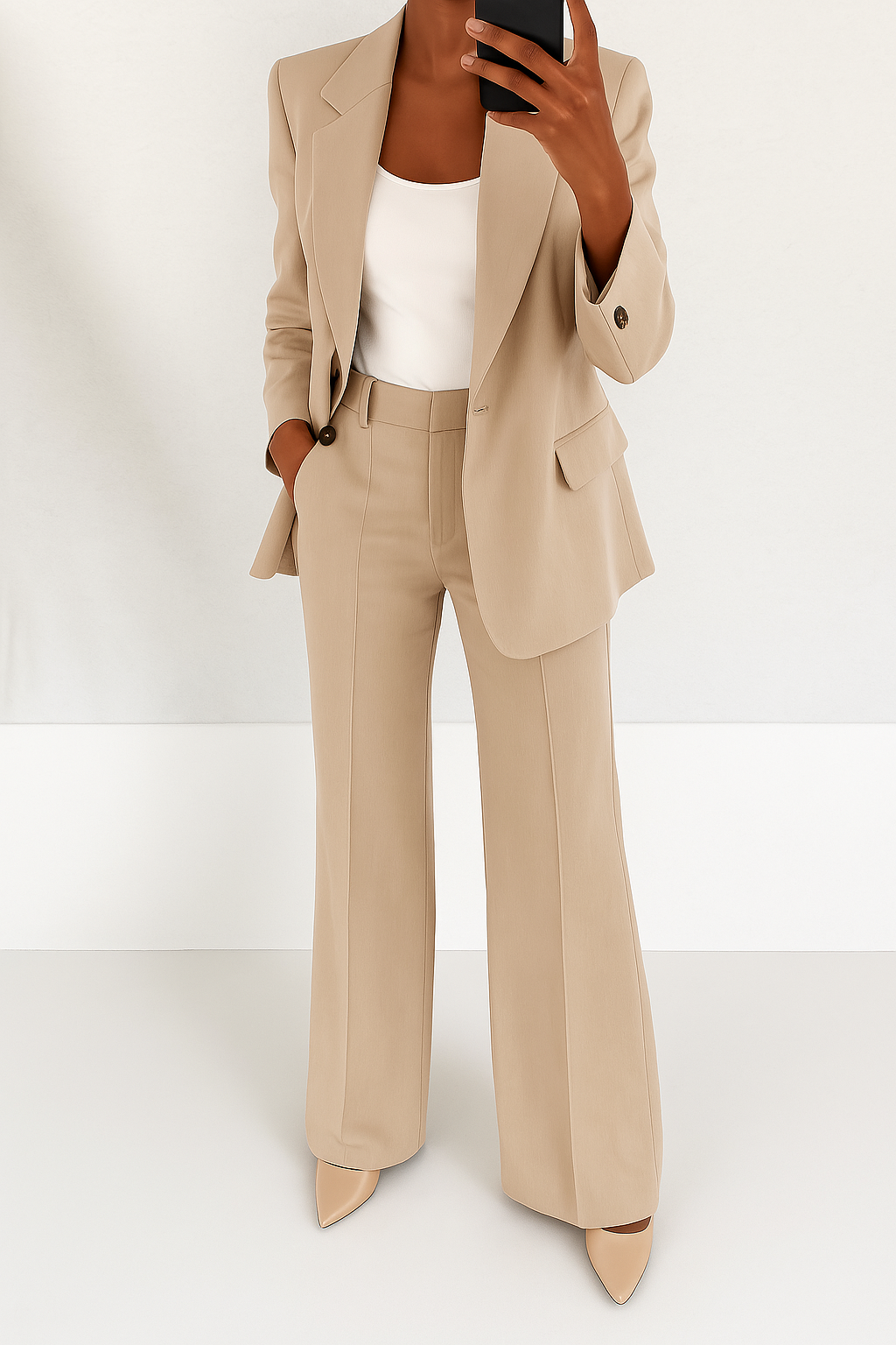 Traje sastre elegante a medida: blazer beige y pantalón a juego de pierna amplia