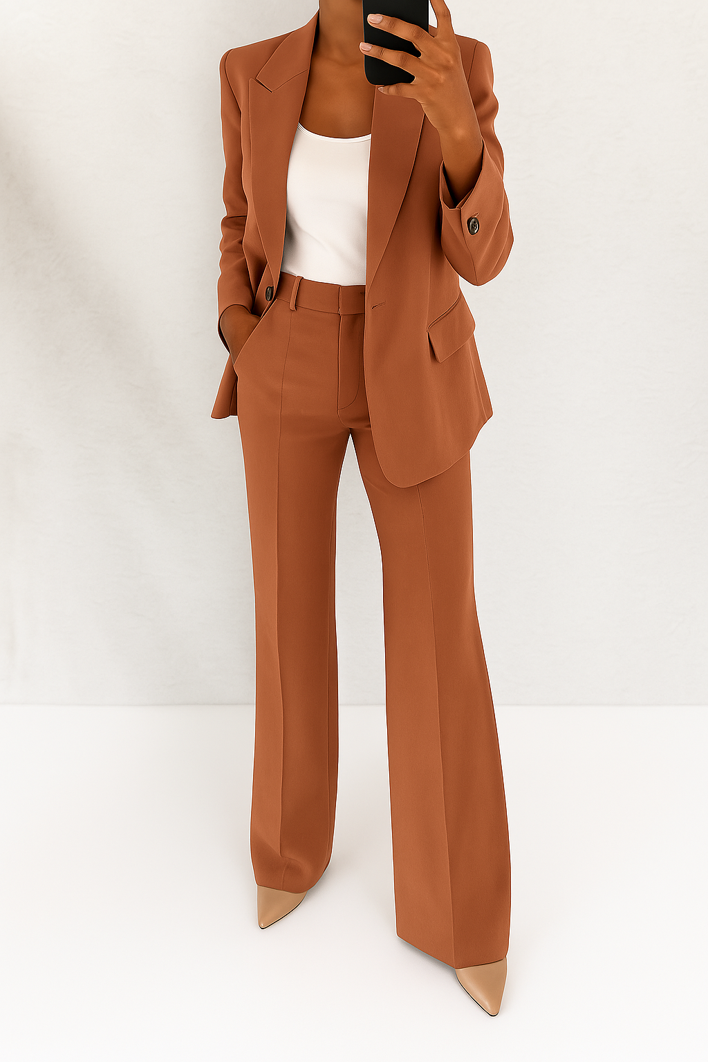 Traje sastre elegante a medida: blazer marrón teja y pantalón a juego con solapas