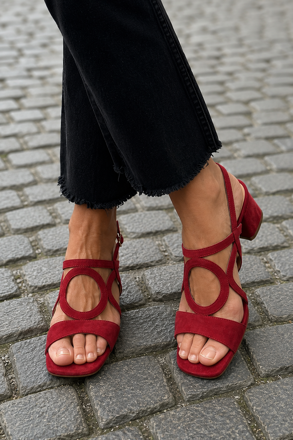 Sandalias planas Begoña con detalle circular en ante burdeos, tiras cruzadas