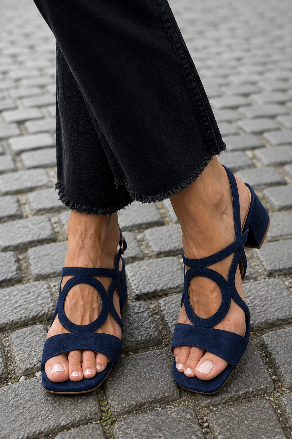 Sandalias planas azul marino con detalle circular y tira cruzada