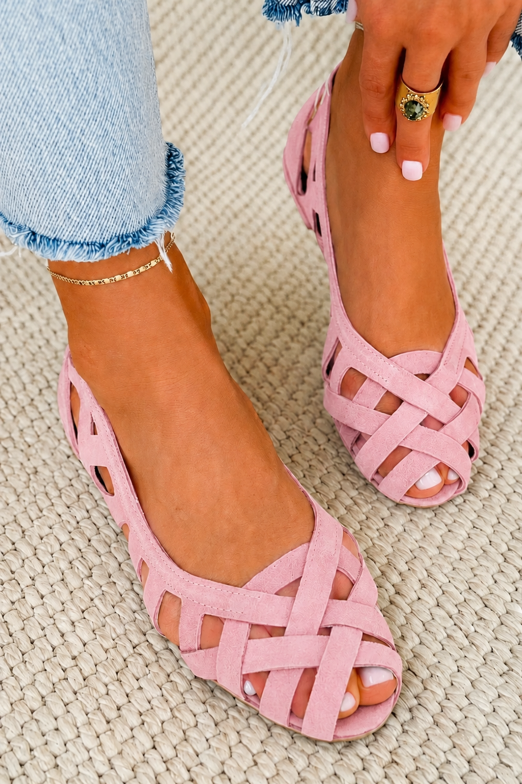 Sandalias planas trenzadas Manuela™ rosas, trenzado y punta abierta