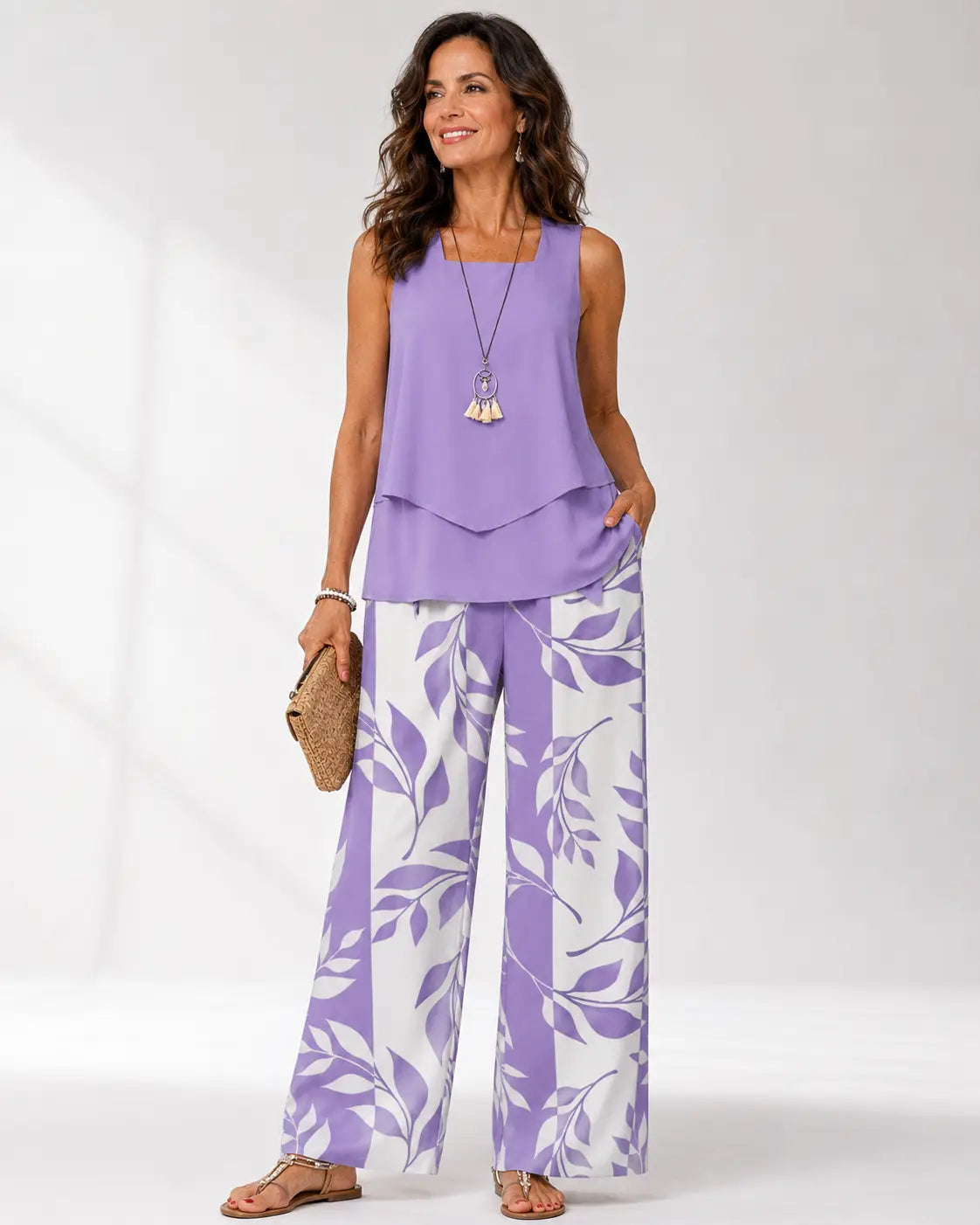 Conjunto Justa™: blusa lila sin mangas con capas y pantalón botánico lila