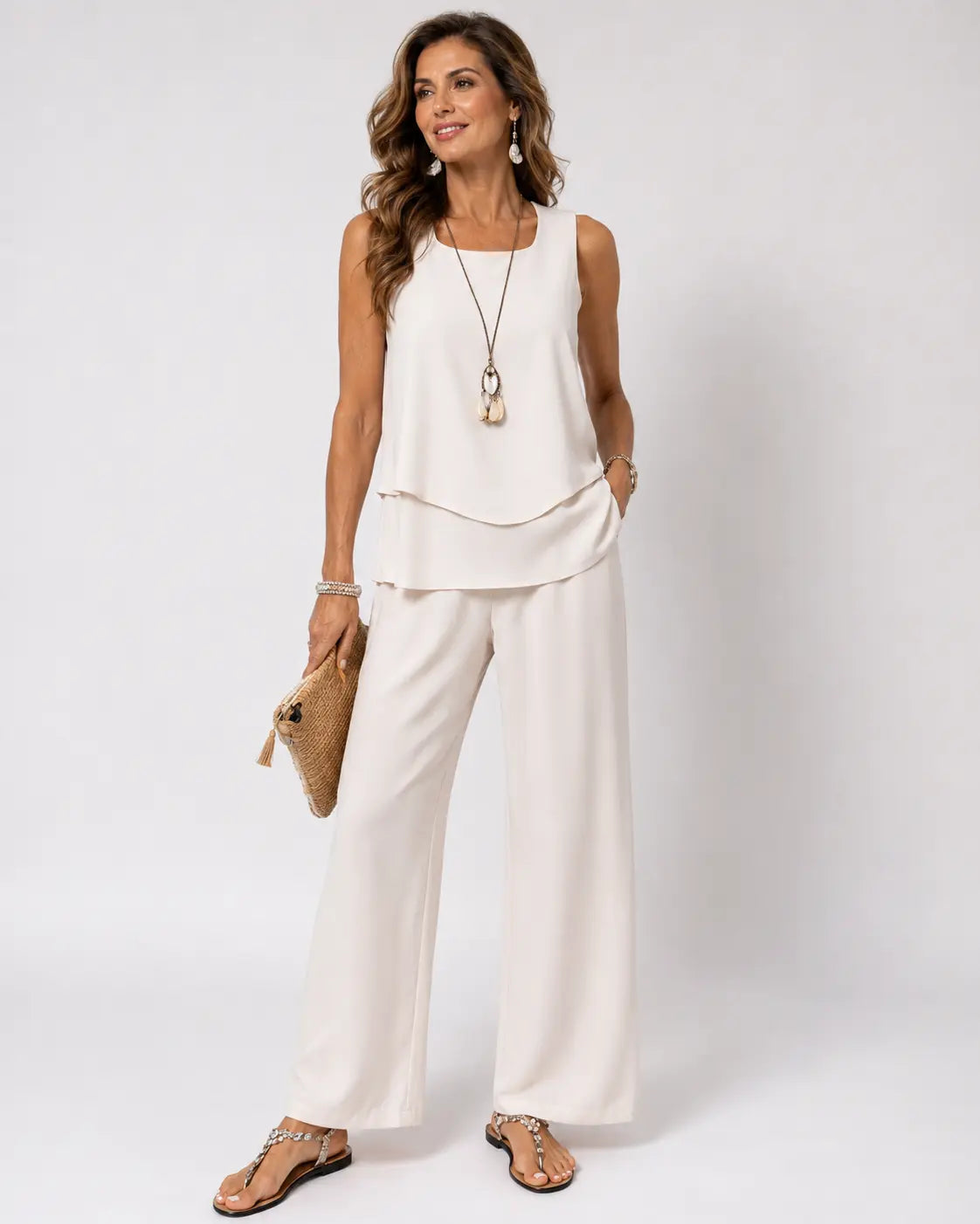 Conjunto Leandra™ crema: top sin mangas en capas y pantalón ancho