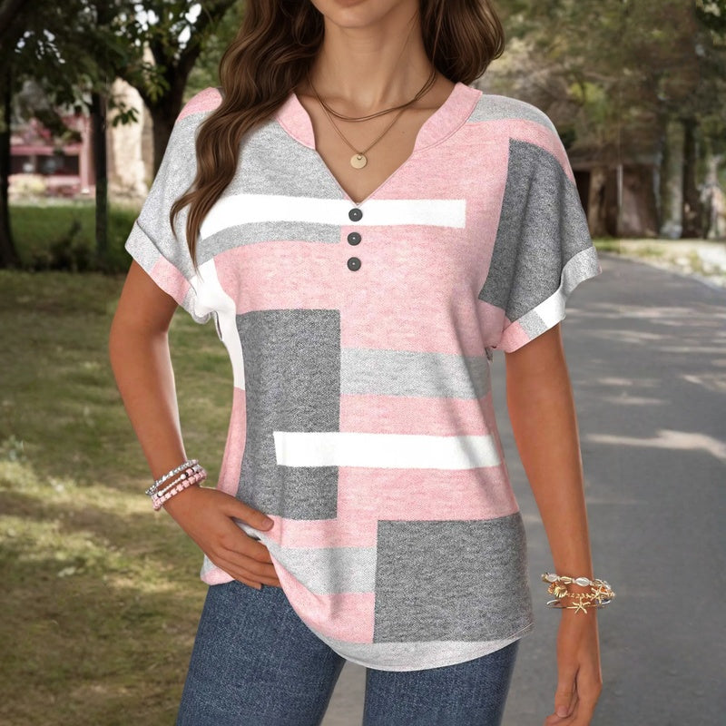 Blusa con escote V y manga corta, bloques rosa/gris/blanco y botones al frente