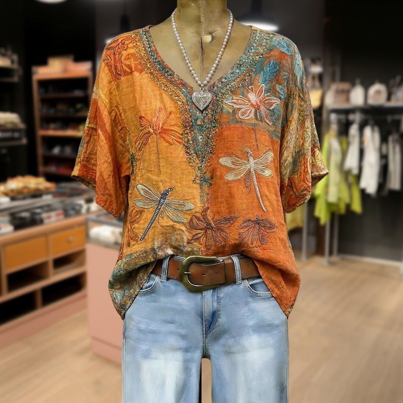 Blusa vintage Adriana™ multicolor con libélulas y bordado tipo encaje en el escote