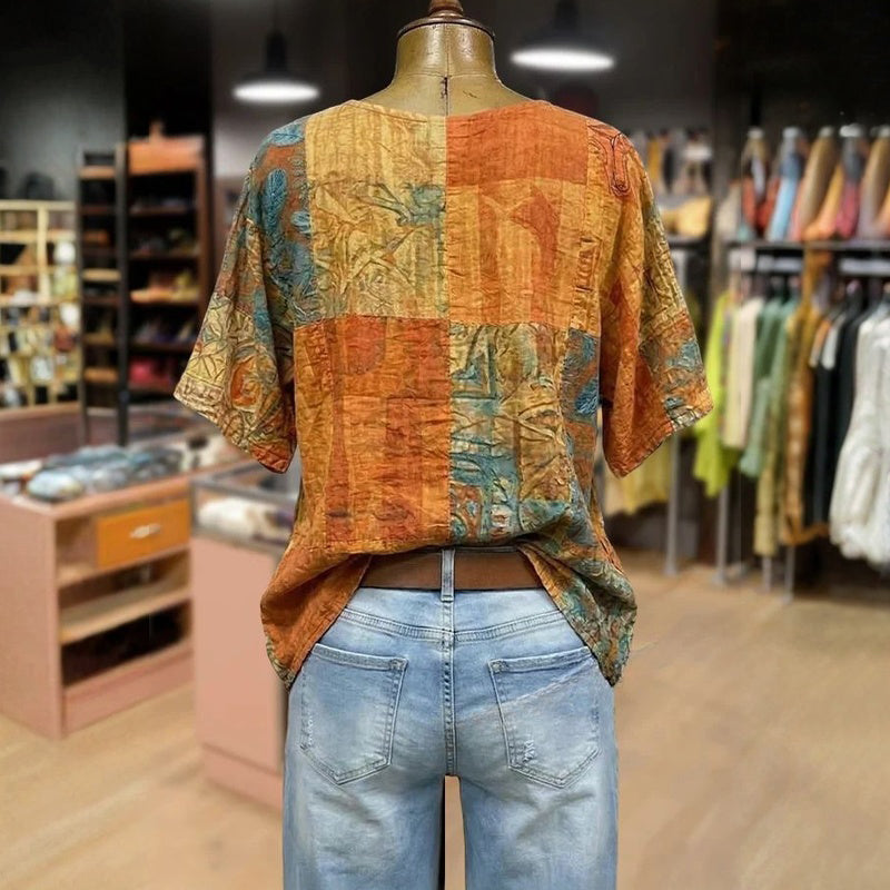Blusa vintage Adriana™ multicolor con estampado de libélulas, costuras y paneles en la espalda