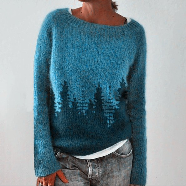 Suéter de punto azul con cuello redondo y manga larga, estampado de árboles