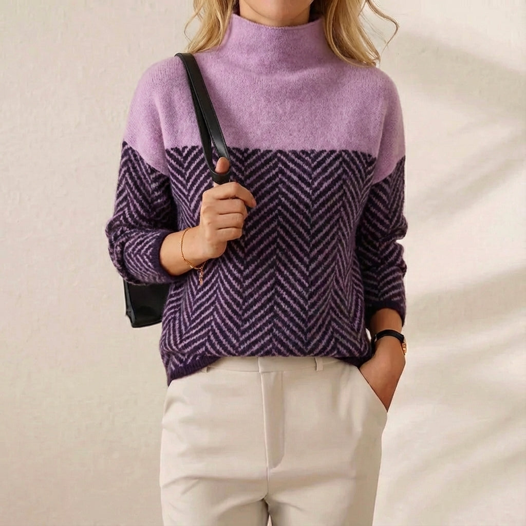 Jersey de cuello alto de algodón morado con franja de zigzag morado oscuro y blanco