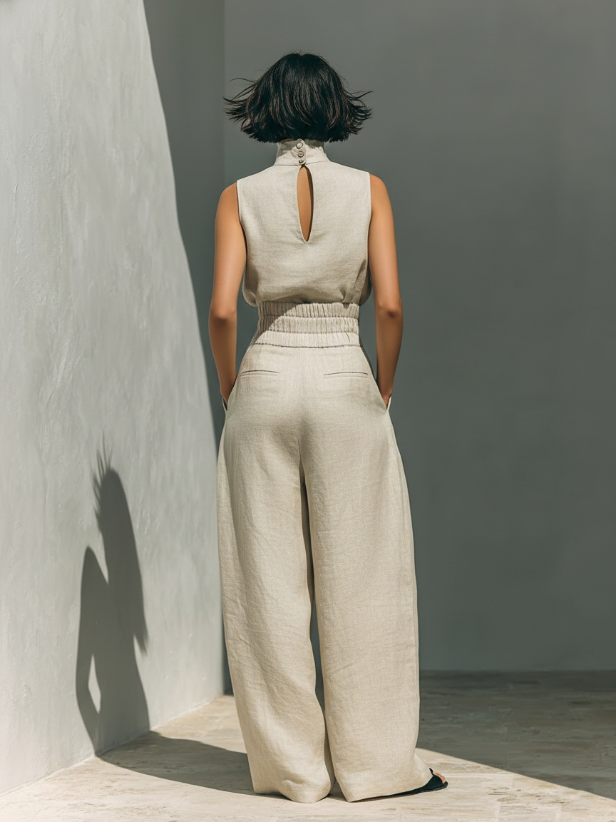 Conjunto beige visto por detrás: top sin mangas con abertura en la espalda y pantalón ancho.