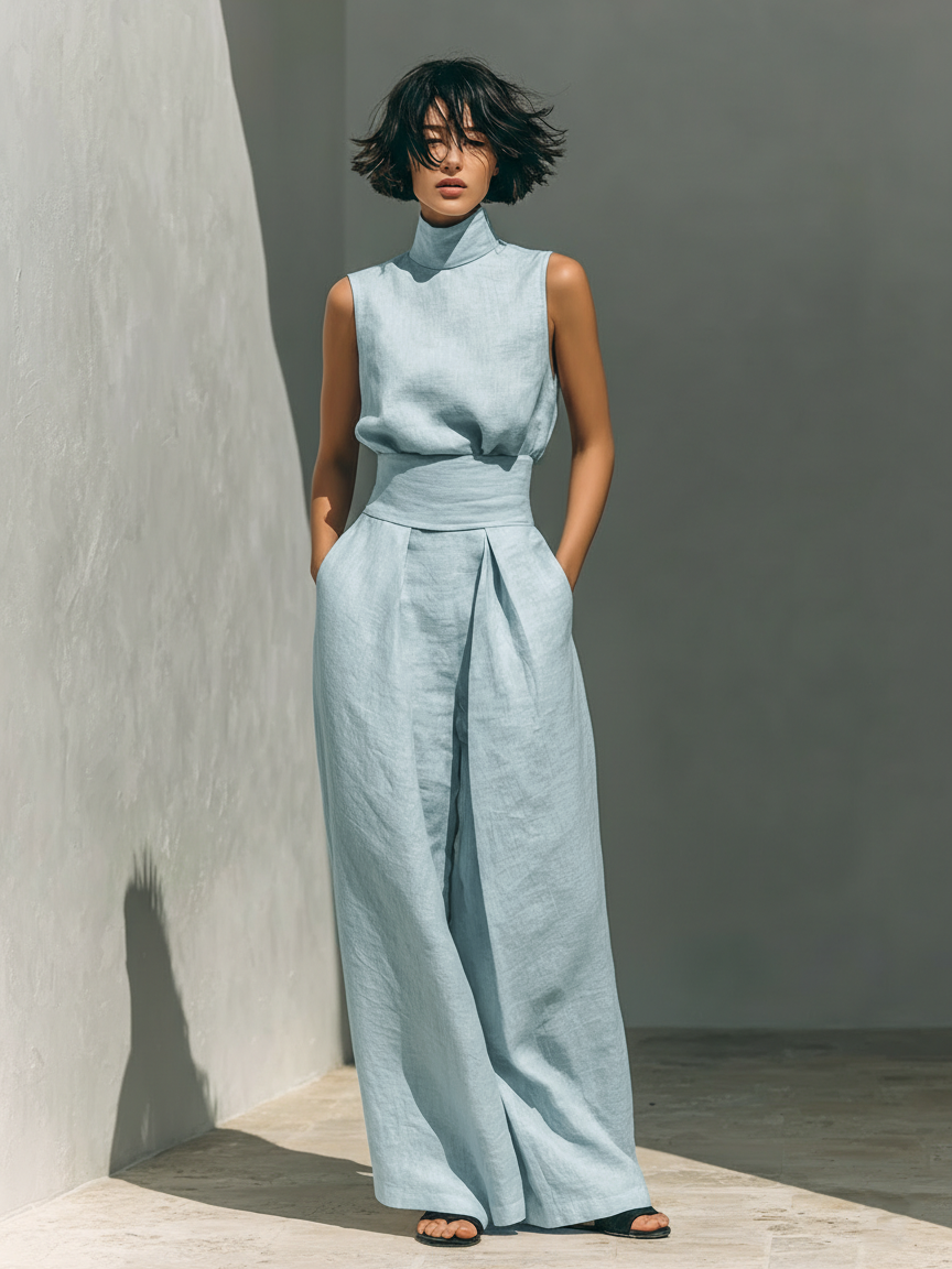 Conjunto minimalista de top sin mangas con cuello alto y pantalón ancho, azul claro.