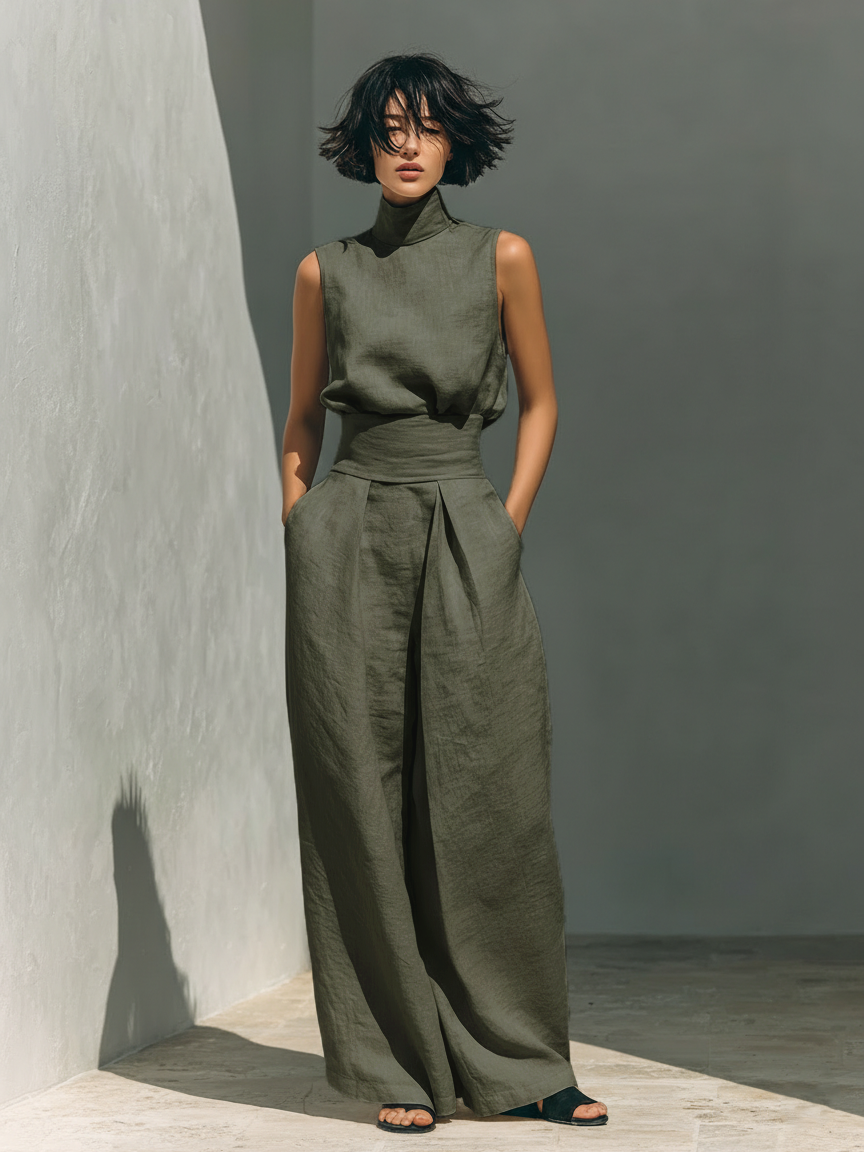 Conjunto de top sin mangas con cuello alto y pantalón ancho fruncido, verde oscuro.