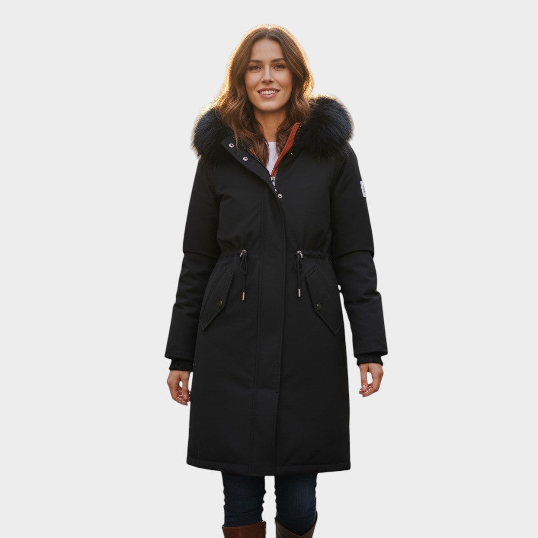 Parka de otoño negra larga con capucha de pelo y cierre frontal, bolsillos con solapa