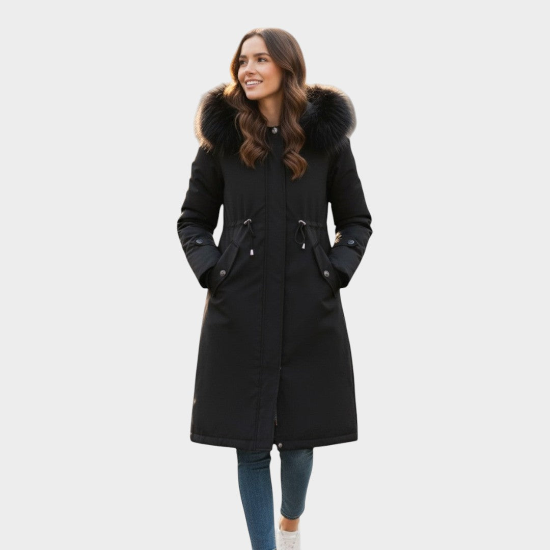 Parka de otoño negra larga con capucha de pelo y cordones en cintura, bolsillos