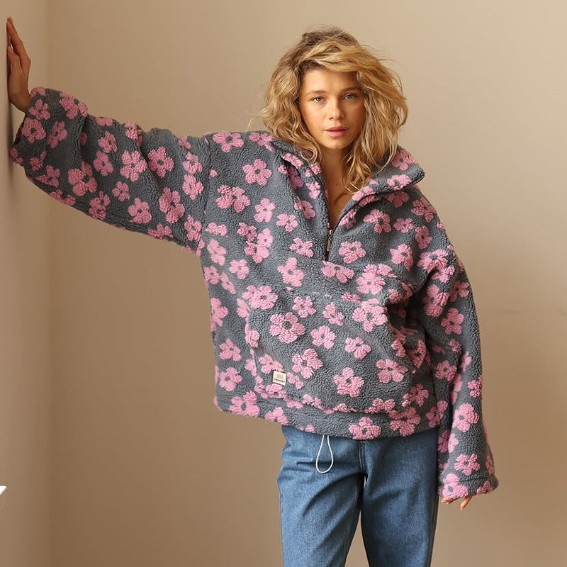 Sudadera de forro polar con cremallera, morada oscura y flores rosa