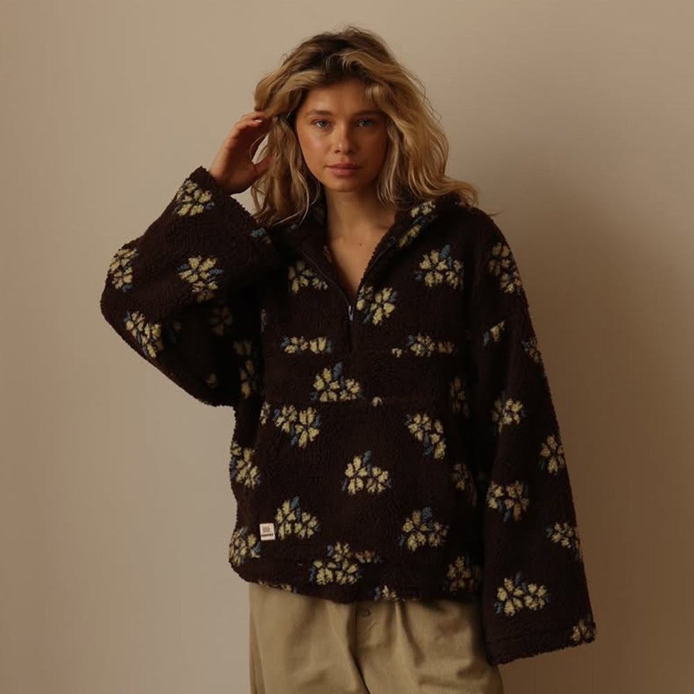Sudadera de forro polar con cremallera, negro con flores amarillo pálido