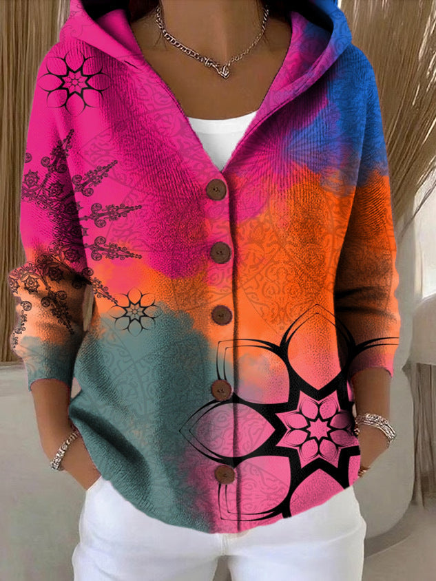 Chaleco con capucha degradado fucsia, azul y naranja, estampado con botones marrones