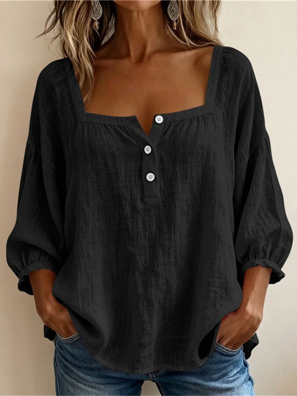 Blusa de lino negra para mujer, escote cuadrado con botones frontales, mangas globo