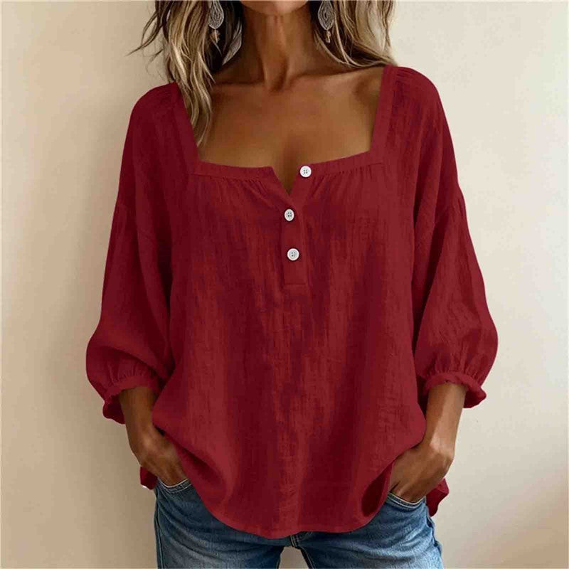 Blusa de lino para mujer color vino, escote cuadrado y botones frontales