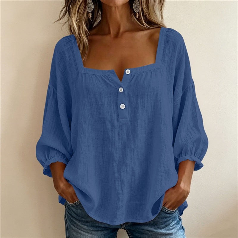 Blusa de lino azul para mujer, escote cuadrado y botones frontales, mangas globo