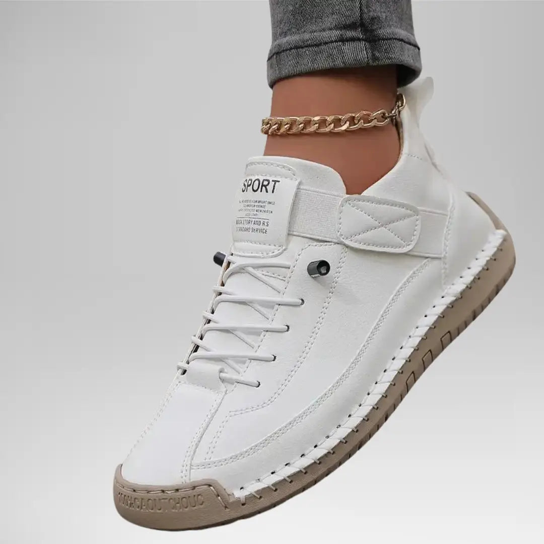 Zapatilla cómoda con soporte blanca, cordones, tira ajustable y suela beige