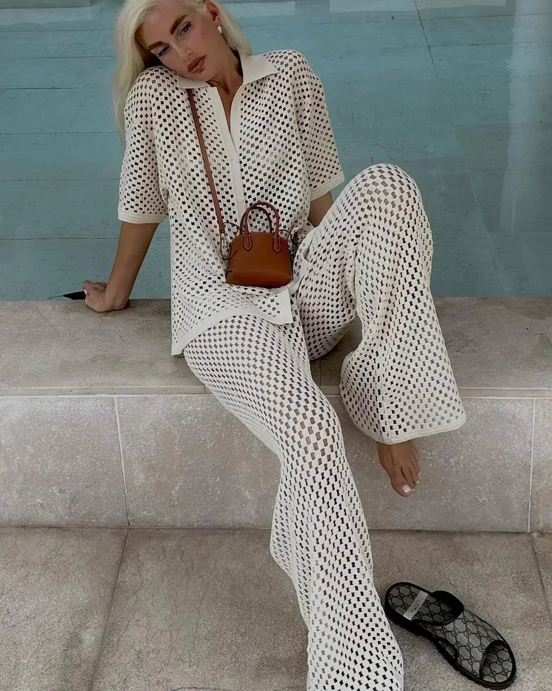 Conjunto de kimono y pantalón de crochet de rayas, sin color definido