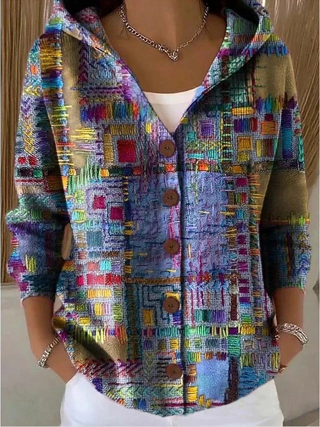 Chaleco con capucha patchwork multicolor, cuadros de colores y cierre con botones marrones