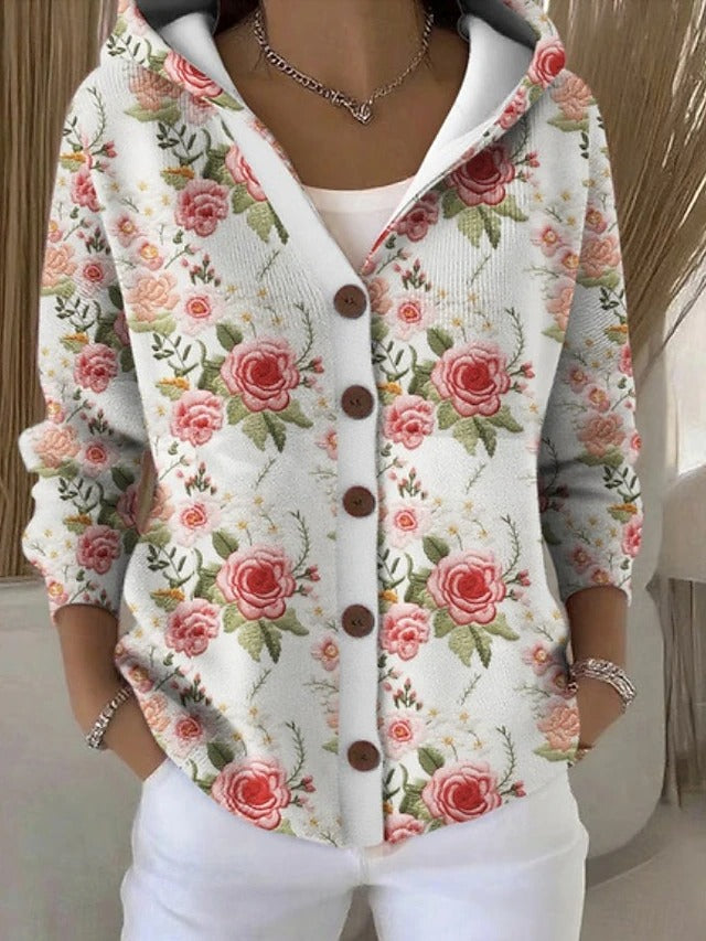 Chaleco con capucha blanco con rosas rojas, cierre frontal con botones marrones