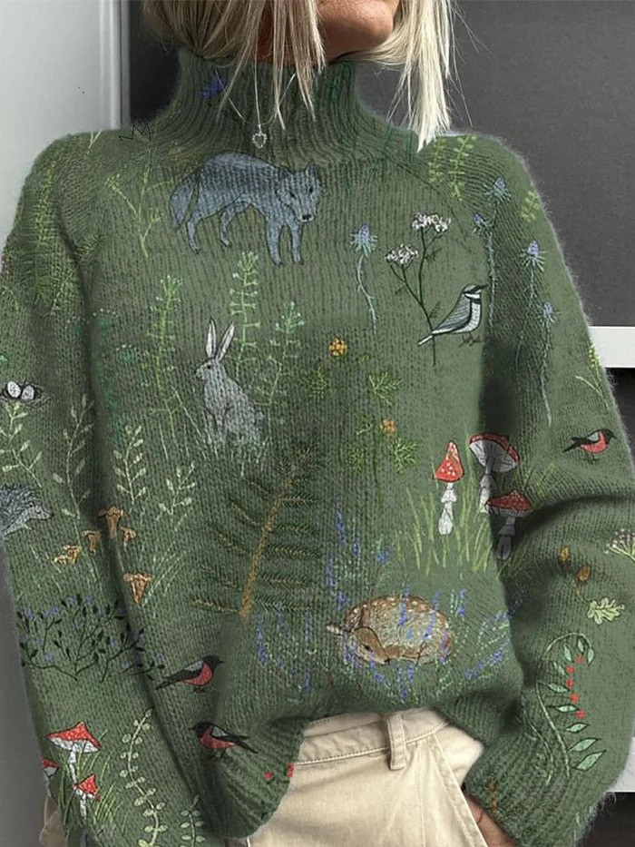 Suéter de cuello alto verde con estampado de bosque y animales