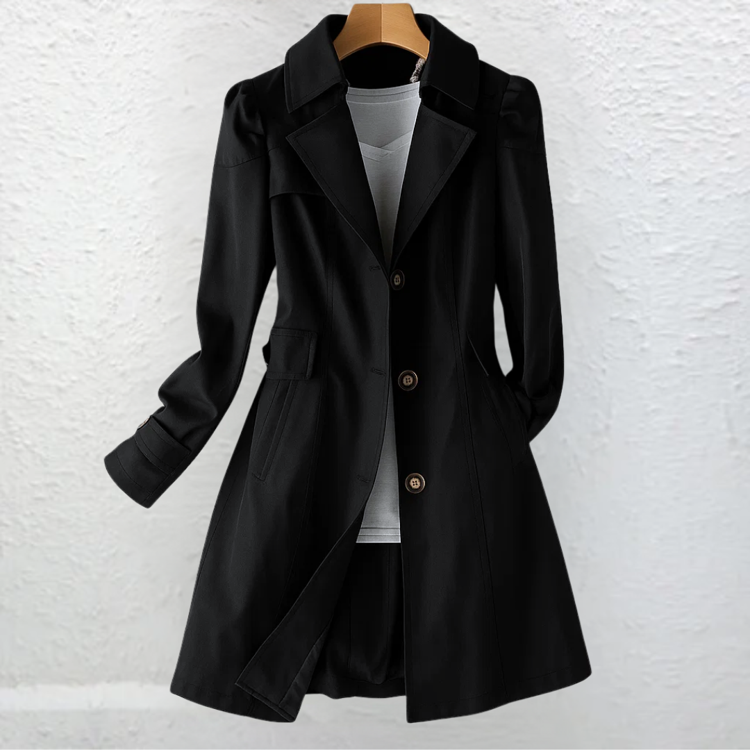 Abrigo negro con botones, solapas y bolsillos, estilo vintage